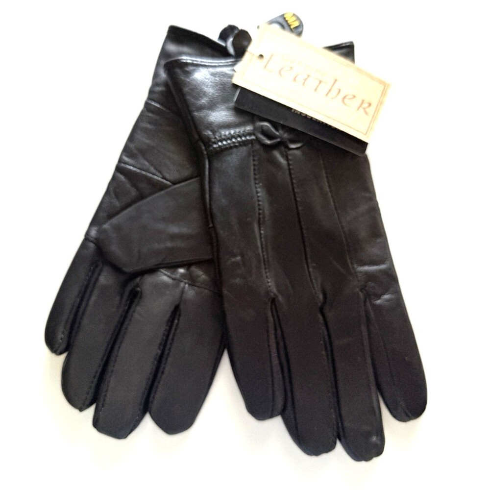 Ladies Gloves Size ML Genuine Leather Black Thinsulate Lined Driving Winter Bow
